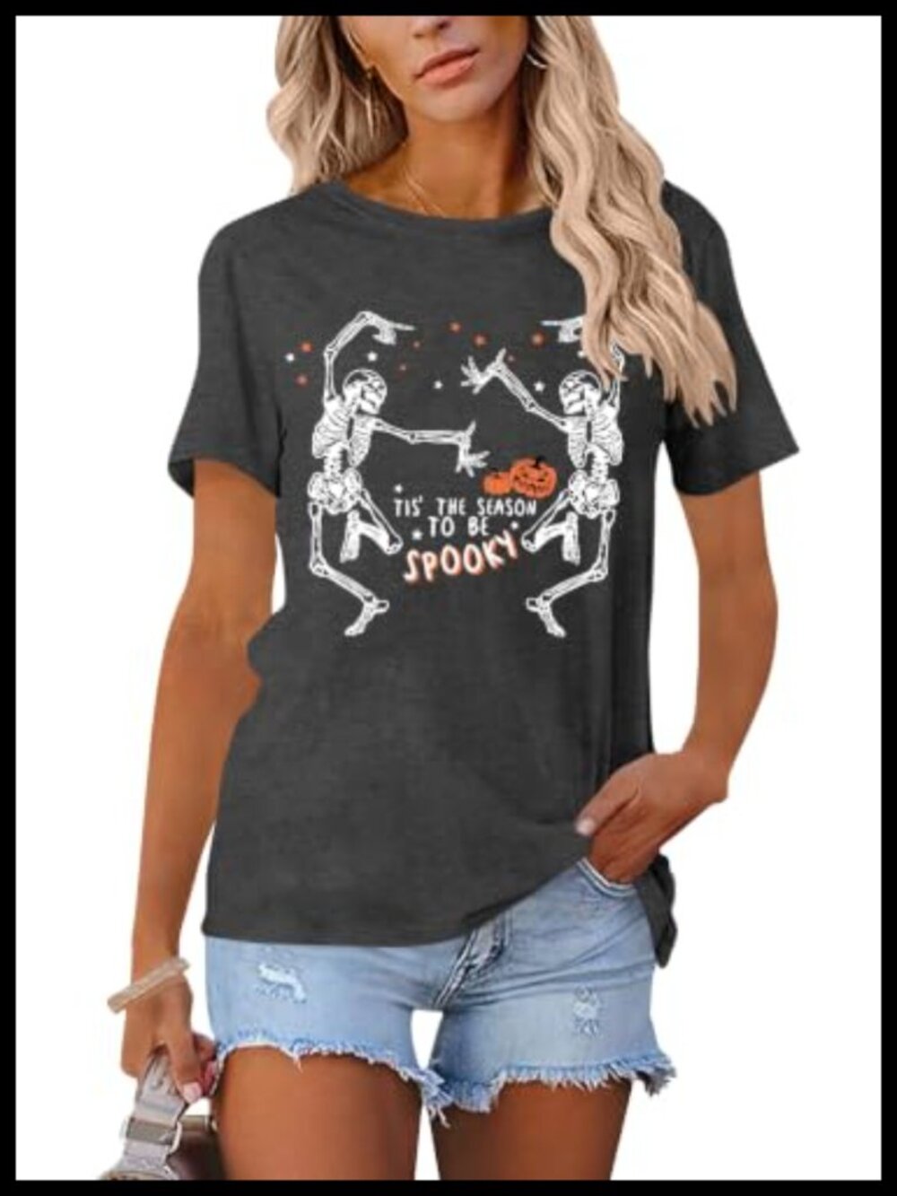 Women Halloween Skeleton Graphic Short Sleeve Crew Neck Loose Tee